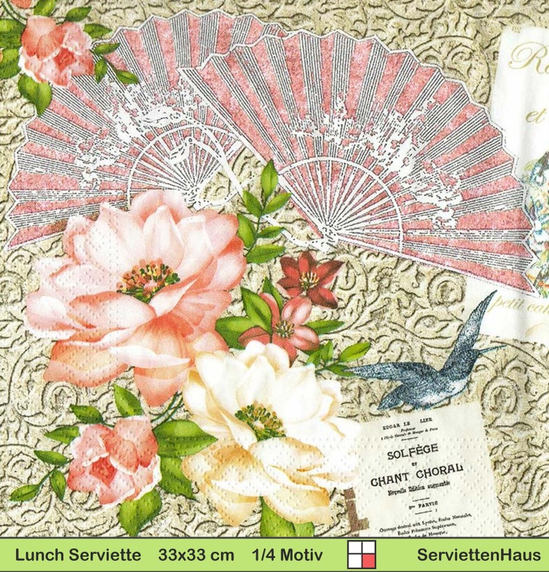 Fächer mit Rosen und Schwalbe - 1 Lunch Serviette - halbes Motiv